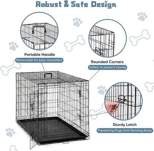 Miniatura 2 de DUMOS Jaula para perros, jaula grande de doble puerta de 48 pulgadas con bandeja de plástico a prueba de fugas, plegable de alambre de metal