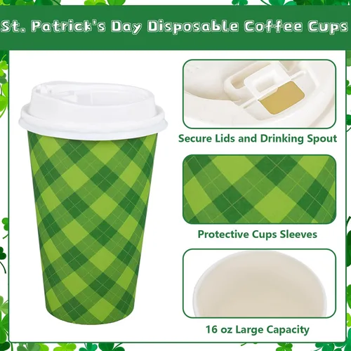 Miniatura 3 de Whaline Juego de 100 tazas de café desechables del día de San Patricio con tapas, taza de papel, verde y blanco, trébol a cuadros, tazas para beber