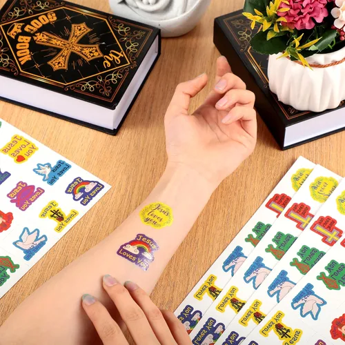Miniatura 4 de Landhoow 240 piezas de tatuajes de Jesús te ama, tatuajes temporales con purpurina para la cara, calcomanías para el cuerpo, accesorio de disfraz