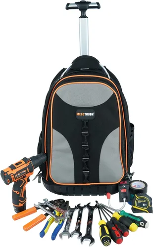 Miniatura 8 de Mochila con ruedas con ruedas, organizador de herramientas profesional de comerciante resistente con 37 bolsillos e interior grande, resistente al