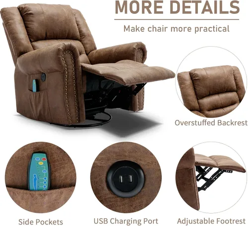 Miniatura 4 de Sillón reclinable giratorio manual con calor y vibración, mecedora giratoria de 360°, sillas reclinables ergonómicas para masaje con bolsillos