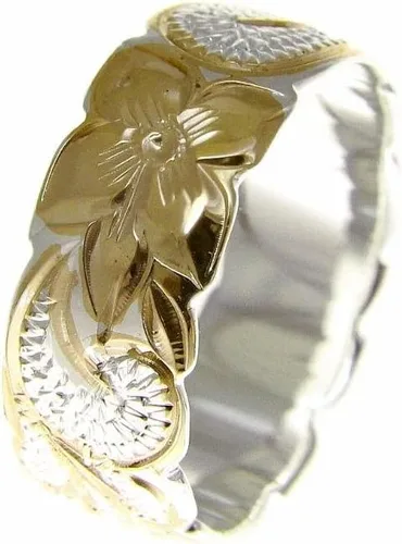 Arthur's Jewelry Anillo de plata de ley 925 con diseño de reina hawaiana chapado en oro amarillo con borde recortado de 2 tonos, tamaño 3-14