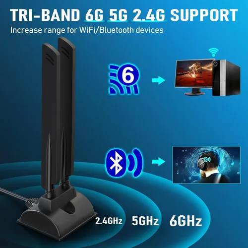 Miniatura 7 de Eightwood Antena WiFi 6E Tri-Band 6GHz 5GHz 2.4GHz RP-SMA Antena WiFi Base de montaje magnético para PC Computadora de escritorio Placa base Tarjeta