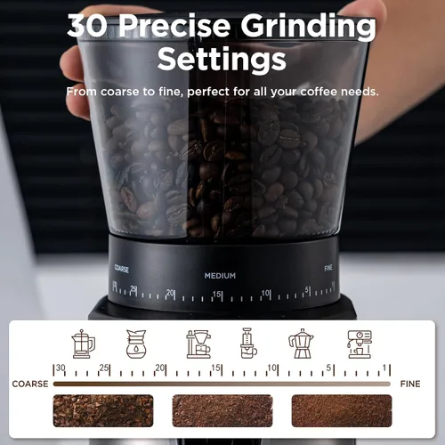 Miniatura 5 de Ollygrin Molinillo de café de rebabas, molinillo de café cónico eléctrico con 30 ajustes de molienda ajustables para 2-12 tazas, plateado y negro