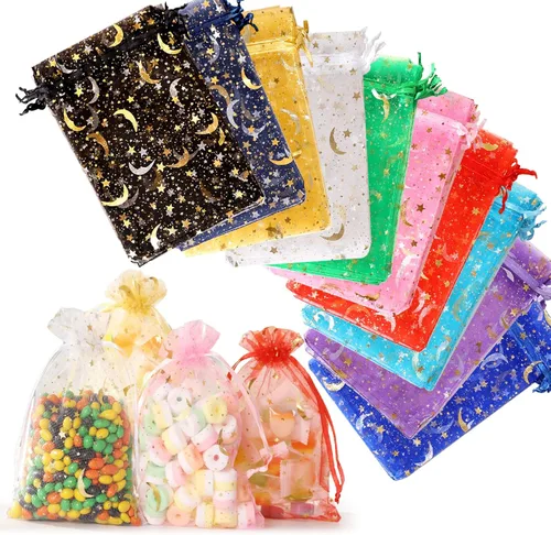 ENNIYU 100 bolsas de organza con estrellas y luna, bolsas de malla de colores aleatorios de 3 x 4 pulgadas, bolsas de regalo de organza con cordones