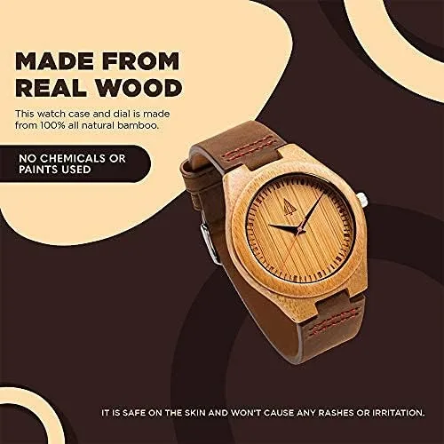 Miniatura 6 de Treehut - Reloj de pulsera analógico para hombres, de madera con correa de piel auténtica, estilo elegante., Marrón Natural 1