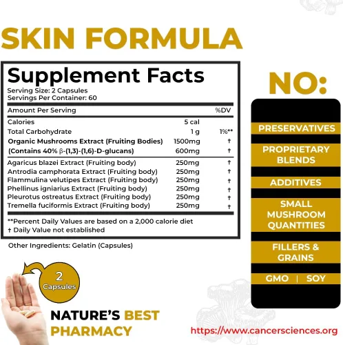 Miniatura 7 de Cancer Sciences Suplemento de bienestar de la piel, suplemento de hongos con extracto orgánico certificado por USDA, extra fuerte 1,500 mg
