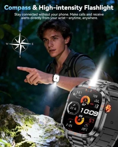 Miniatura 6 de Relojes inteligentes para hombres, reloj inteligente militar HD de 2.01 pulgadas con batería de 1000 mAh/linterna, responder/hacer llamadas reloj