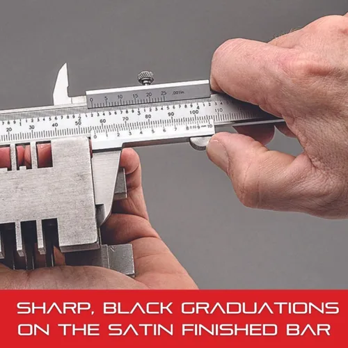 Miniatura 5 de Starrett Pinza Vernier con varilla de profundidad de acero inoxidable endurecido, tornillo de bloqueo y afilado, graduación negra, métrica, inglés