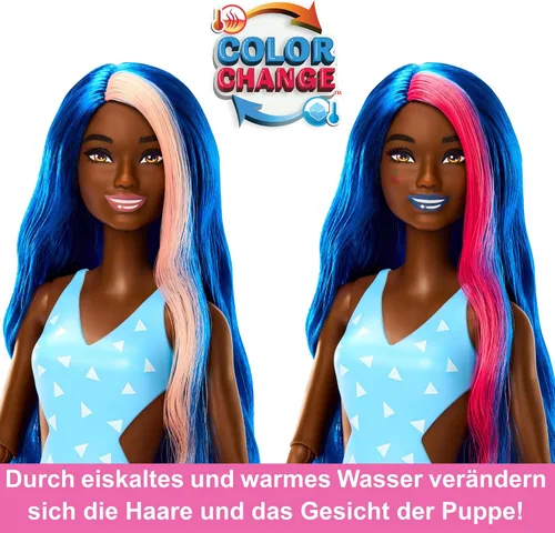 Miniatura 5 de Barbie Muñeca Pop Reveal y accesorios, aroma a ponche de fruta con cabello azul, 8 sorpresas incluyen slime, cambio de color y cachorro