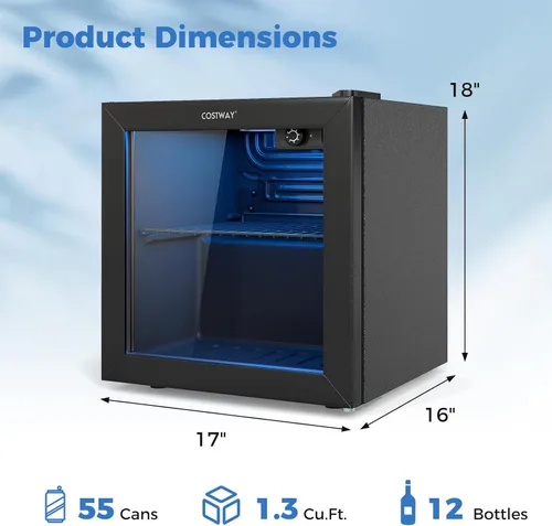 Miniatura 3 de COSTWAY Refrigerador de bebidas, 1.3 pies cúbicos, 12 botellas y 55 latas, mini refrigerador con puerta de vidrio templado, estante extraíble