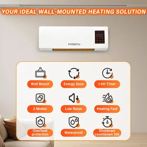 Miniatura 8 de Calentador de pared eléctrico de 1400 W para uso en interiores, cerámica PTC, calentamiento rápido 3S, temporizador de 6 horas, protección contra