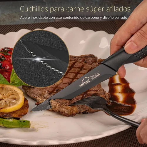 Miniatura 2 de Amorston Cuchillos para carne, juego de 8 cuchillos de carne de acero inoxidable, cuchillos dentados aptos para lavavajillas, color negro elegante