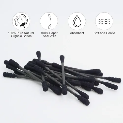 Miniatura 5 de Hisopos de algodón negro en espiral, 600 unidades de algodón orgánico, doble cara, firmemente envueltos, puntas de algodón carbón, palillo de papel