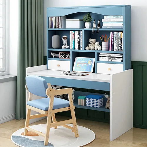 Miniatura 8 de QQXX Juego de escritorio y silla de altura ajustable, mesa de estudio de madera con gabinete y cajón de almacenamiento, mesa de escritorio de Azul A