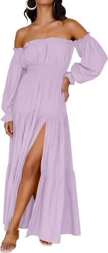 Miniatura 128 de ZESICA - Vestido largo, bohemio y sexy, con hombros descubiertos y manga larga fruncida, con elástico fruncido, cintura alta y abertura lateral