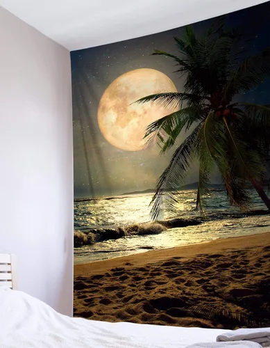 Miniatura 22 de LB Tapiz pequeño de luna llena sobre océano, tapiz de pared de cielo nocturno estrellado, fantasía 3D, arte de pared de luna grande en blanco