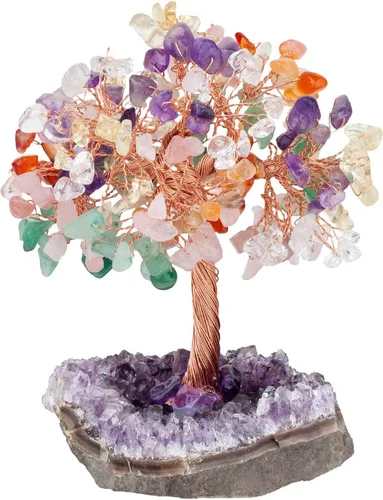 Miniatura 14 de Nupuyai Árboles de dinero de cristal natural con base de racimo de amatista, figura decorativa de piedra de cristal para decoración de escritorio