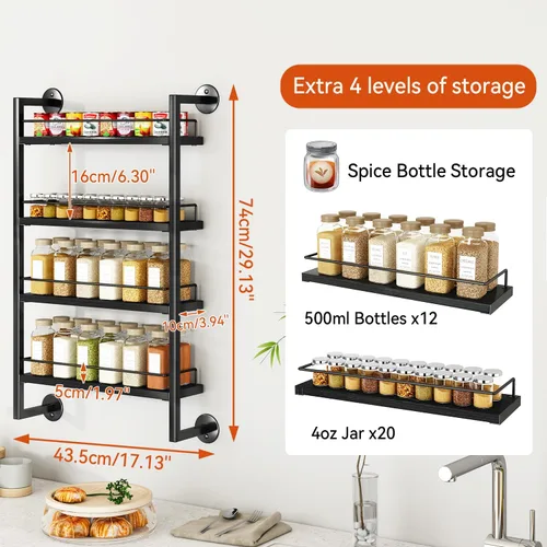Miniatura 4 de IBUYKE Soporte de pared para especias, organizador de condimentos colgante de 4 niveles, estante de especias para pared para hasta 50 tarros