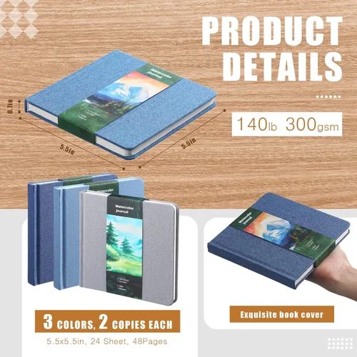 Miniatura 3 de Mooliwe 6 cuadernos de bocetos de acuarela, diario pequeño de acuarela de papel a granel para pintar 300 GSM, 140 libras, algodón prensado en frío