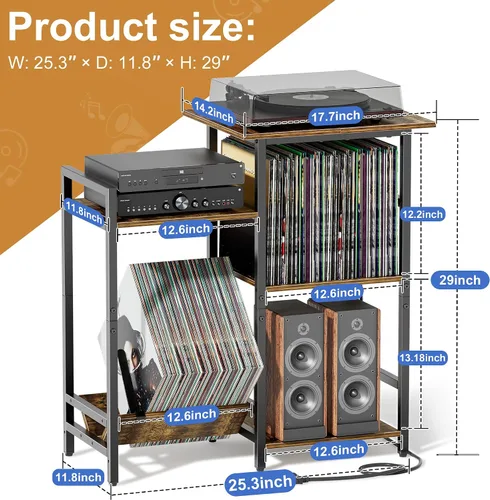 Miniatura 3 de HYPIGO Soporte para tocadiscos con tomas de corriente, soporte para tocadiscos con almacenamiento de discos de vinilo con capacidad para más de 300