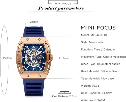 Miniatura 6 de MF MINI FOCUS Watch Wristwatch Fashion Hollow Big Dial Luminous Waterproof Sport Analog Quartz Business Mens Watches Silicon Strap Dress Watch