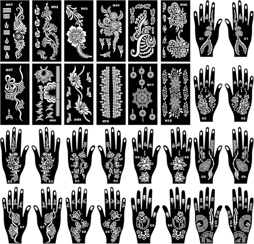 Kotbs 32 hojas de plantillas de tatuaje de henna para manos, antebrazo, pintura facial, arte corporal, plantillas de tatuaje de flores con purpurina