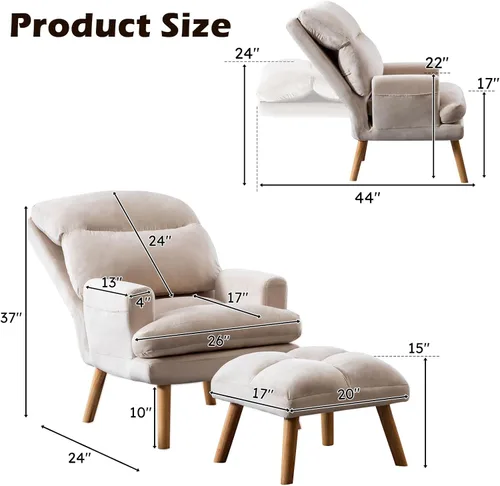 Miniatura 2 de IOMOR Silla Accent con otomano, silla de lectura cómoda, sillón con respaldo ajustable y bolsillos laterales, sofá de tela suave de ocio para Beige