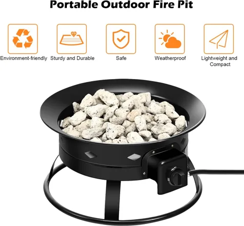 Miniatura 8 de COSTWAY Fogata de gas propano portátil para exteriores, 58,000 BTU con tapa, correa de transporte y rocas de lava, cuenco de fuego de 19 pulgadas