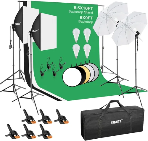EMART Sistema de soporte de telón de fondo de 8.5 x 10 pies, kit de iluminación profesional para fotografía con bombilla LED de 50 W, telón de fondo