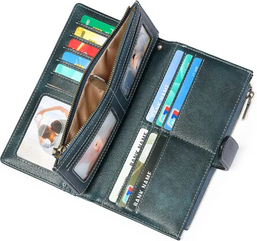 Miniatura 3 de GOIACII Cartera de mujer con bloqueo RFID triple pliegue cartera de mano larga para mujer cartera de cuero vegano con bolsillo para monedas A02-azul