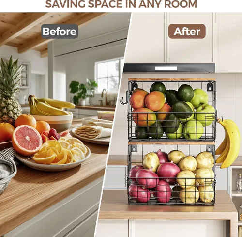 Miniatura 7 de Delamu Cesta de frutas apilable de metal con tapa de madera, paquete de 2, organizador de pared colgante para encimera de cocina, almacenamiento