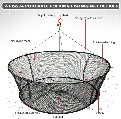 Miniatura 5 de Red de Pesca Plegable Portátil, Red para Cangrejos con Cuerda de Pesca, Jaula de Lanzamiento Manual para Cangrejos, Red de Malla Plegable para Pesca