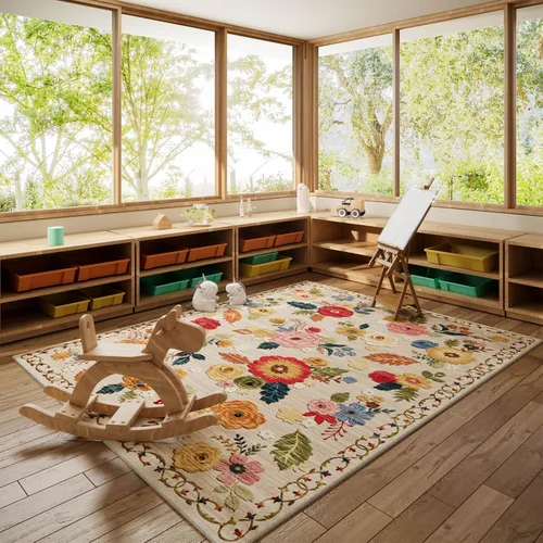 Miniatura 3 de Alfombras de 8x10 para Sala de Estar: Alfombra Lavable Resistente a Manchas, Vintage Floral Desgastada, Antideslizante, de Pila Baja, de Lana Beige