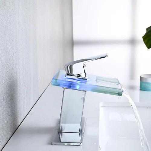Miniatura 6 de AVSIILE Grifo LED para lavabo de baño, cascada cromada, mango de un solo agujero, 1 agujero con drenaje desplegable de metal y 2 líneas de Cromo