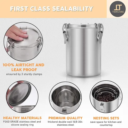 Miniatura 3 de Tanjiae Recipiente de café de acero inoxidable 100% hermético de metal con tapa sellada, mantiene los granos de café, azúcar y té frescos durante