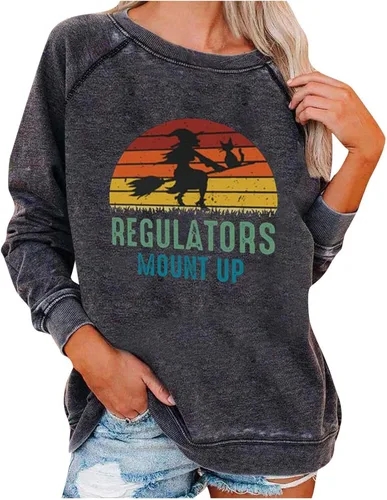 Tuianres Long Sleeve Shirts for Women Halloween Loose Vacation T-Shirt Round Neck Vintage Tees Witch Print Casual Tops