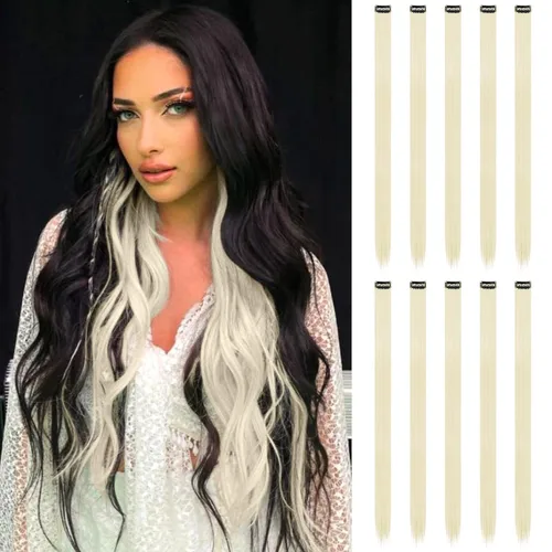 Miniatura 24 de FESHFEN Extensiones de cabello con clip de colores, 16 piezas de 8 colores resaltados, piezas de cabello sintético lacio con clip para mujer, 22