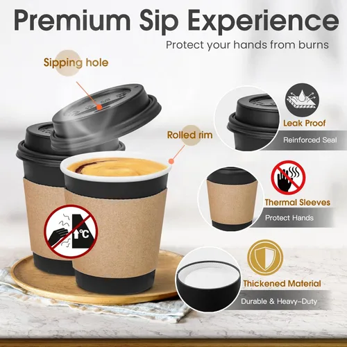 Miniatura 3 de Ginkgo Tazas de papel desechables para café de 8 onzas (paquete de 100) con tapas y mangas, resistentes al calor, a prueba de fugas, tazas de papel