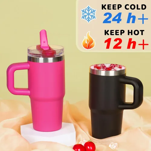 Miniatura 2 de Vaso de 14 onzas para niños con tapa con popote abatible y asa, 100% a prueba de fugas, vaso mini de 14 onzas, vaso aislado al vacío de acero Rosa