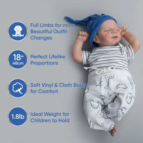 Miniatura 2 de WOOROY Muñecas Realistas de Bebé Reborn Niño - Muñecas de Bebé Recién Nacido de 18 Pulgadas con Cuerpo de Tela Suave Durmiendo Muñecas de Bebé