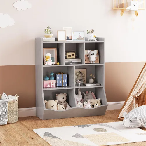 Miniatura 8 de GarveeHome Gabinete de almacenamiento de juguetes gris, estantería de tres niveles para niños y estantería para almacenamiento de libros y juguetes