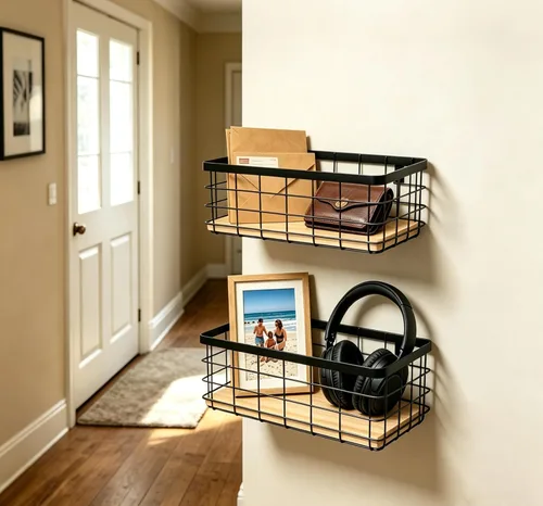Miniatura 7 de ShabbyDecor Cesta de alambre de metal, base de madera desmontable, organizador de almacenamiento, cesta colgante para armarios de cocina, baño, Negro