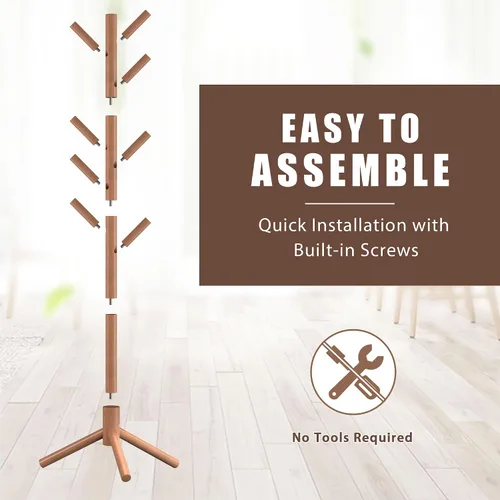 Miniatura 4 de Haddockway Perchero de Madera con 8 Ganchos de Pino de Nueva Zelanda con 3 Niveles Ajustables, Árbol Perchero de Pie de Fácil Montaje para Abrigos