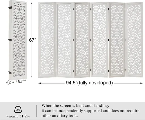 Miniatura 6 de Divisor de ambientes de 5.6 pies plegable de madera tallada simple para el hogar, oficina, jardín, 6 paneles (blanco)