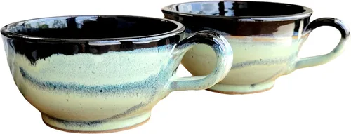 Miniatura 10 de Juego de 2 cuencos de sopa estilo granja con asas, grandes profundos, tazas colgantes de cocina, decoración de cerámica hecha a mano