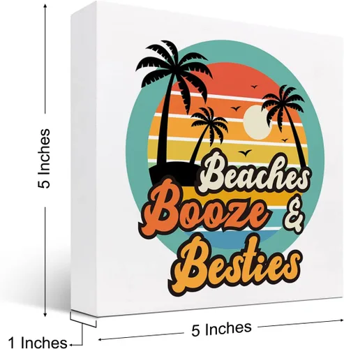 Miniatura 2 de Decoración de escritorio de verano, Beaches Bozze and Besties Retro Sunset de madera de doble cara para decoración de escritorio, caja de madera