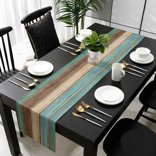 Miniatura 4 de Camino de mesa retro de lino y algodón geométrico, tapete rectangular para tocador, tablones de madera rústica, alfombra al aire libre para café