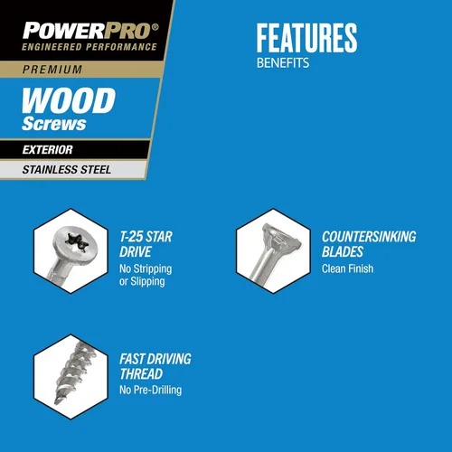 Miniatura 5 de Power Pro 48625 Tornillos para madera, #8 x 1, tornillos marinos de acero inoxidable premium, resistentes a la corrosión, acero inoxidable, tubo