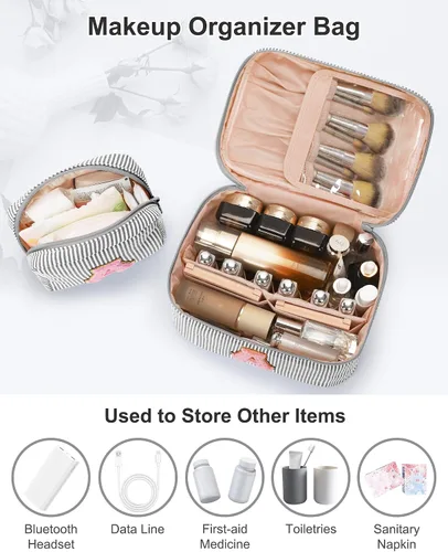 Miniatura 5 de Juego de bolsas de maquillaje con iniciales para niñas y mujeres, bolsa de cosméticos con monograma con soporte para cepillos, estuche de maquillaje